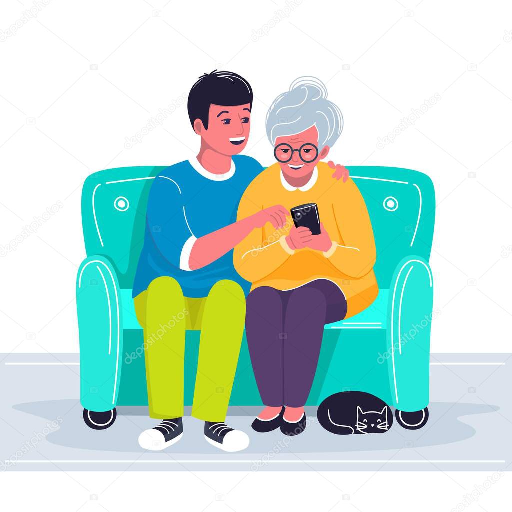Grandson helping grandmother to use cellphone. Boy showing old woman how to make a call with mobile phone. Two characters sitting on the sofa and holding gadget and a cat lying near their feet. Vector
