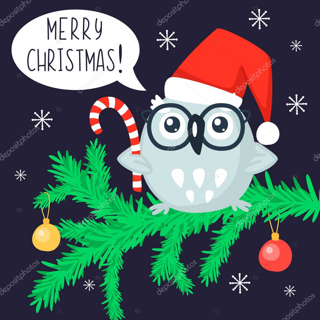 Christmas owl sitting on the branch of decorated by balls tree and holding candy lollipop. New year card or banner. Hand written holiday greetings. Vector cartoon illustration.