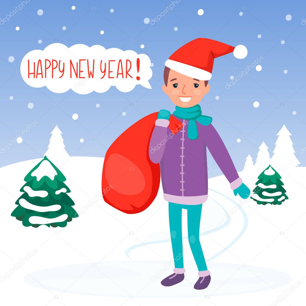 Boy in the Christmas hat with red bag with gifts. Happy Child in the winter forest delivering presents. Snow landscape. Vector cartoon illustration.