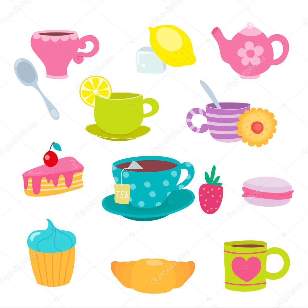Funny cartoon tea cup. Cute mugs and sweets. Teacups and teapot, cake and macaroon. Vector illustration, cartoon flat style.