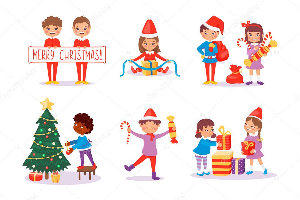 Smiling kids packing gifts. Decorating Christmas tree for celebration. Happy children in New Year costumes with candies and lollipops presents. Cute characters. Vector illustration, cartoon flat style