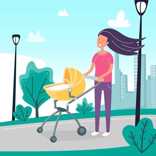 Young happy woman with baby carriage walking down the street. Smiling girl and modern little pram in the city park. Cityscape background. Vector illustration, cartoon flat — Stock Vector