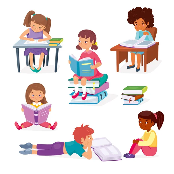Τα παιδιά μαθαίνουν την εκπαιδευτική έννοια. Κοριτσάκια να κάθονται και αγόρια να ξαπλώνουν με βιβλία. Παιδικό πνευματικό χόμπι. Έξυπνο έξυπνο παιδί. Εικονογράφηση διάνυσμα, κινούμενα σχέδια επίπεδη — Διανυσματικό Αρχείο