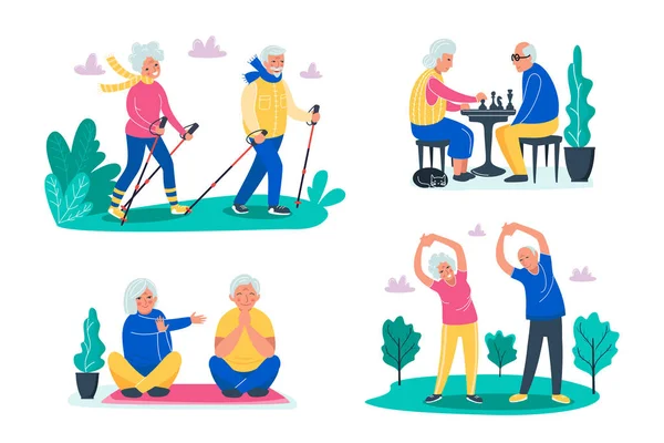 Senior activities concept. Old people walking, playing chess, do exercises on the fresh air in forest and do yoga with happy faces. Sporty lifestyle in a retirement for pensioners. Vector illustration — Stock Vector
