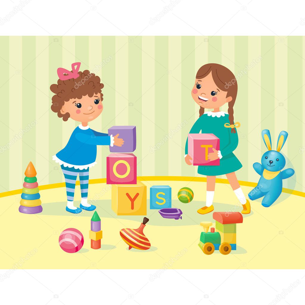 Little happy smiling girls playing with cubes and other toys in the kindergarten. Preschool activity and education. Kids games with fun and joy. Vector illustration, cartoon