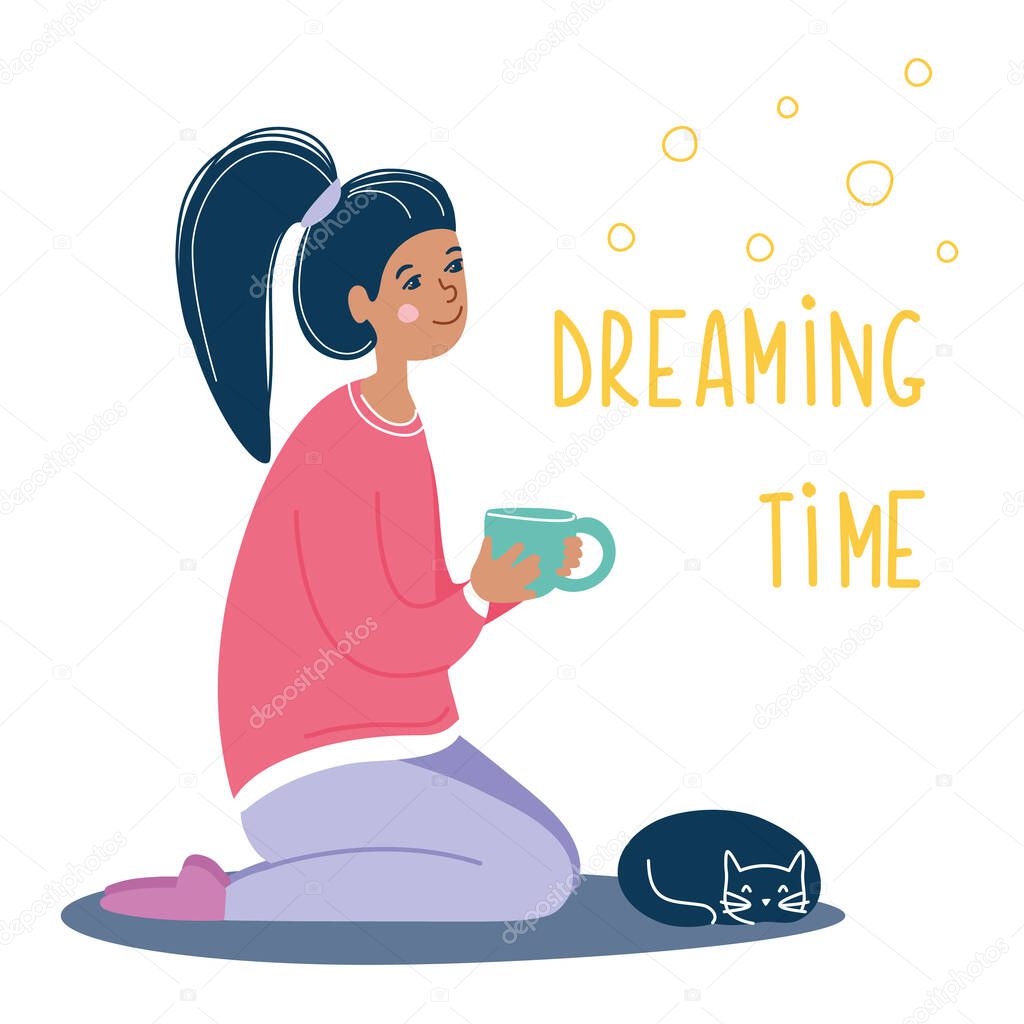 Girl sitting with a cup in her hands and sleeping cat near her legs. Dreaming relax woman with a pet. Lifestyle concept. Vector illustration, funky flat cartoon style.