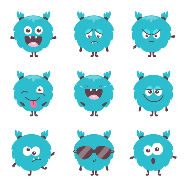 Zestaw Uroczych Kreskówkowych Emocji Bluel Potwora Zabawna Kolekcja Emotikonów Emotikonek — Wektor stockowy