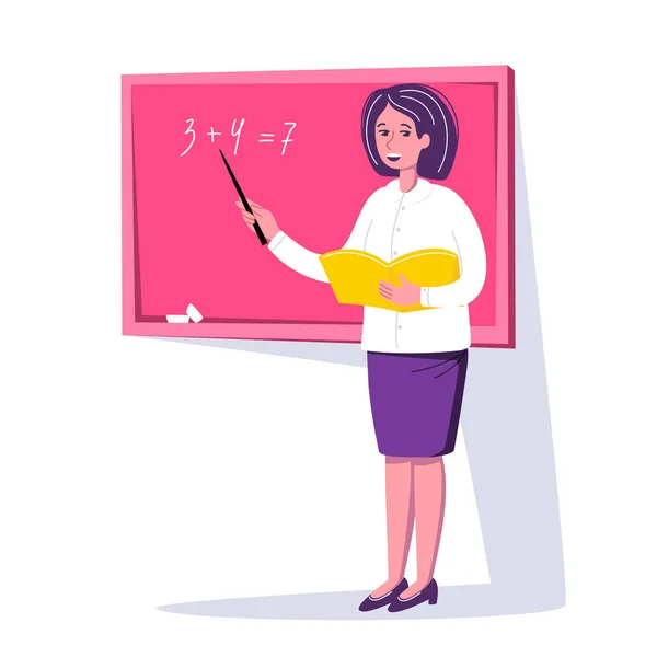 Teacher Standing Blackboard Leading Lesson Classroom Tutor Woman School Character — Stock Vector