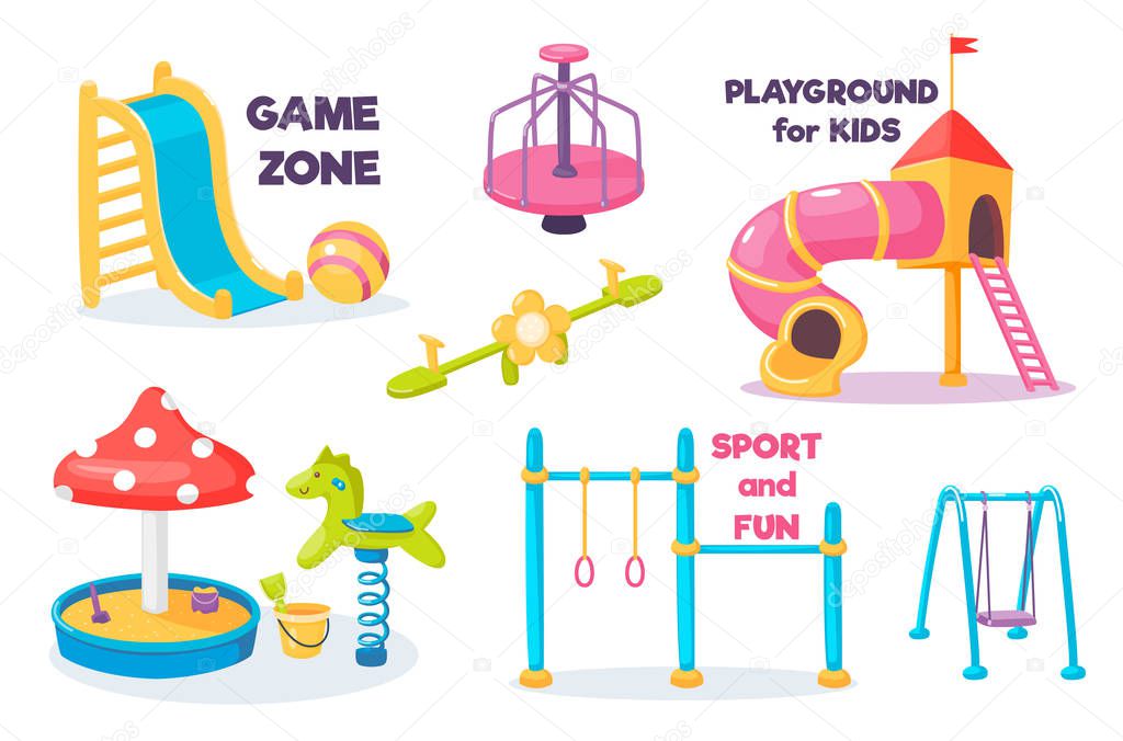 Playground for kids set with slide and swing, carousel and sandbox and horizontal bar with rings. Children area for games. Kindergarten equipment collection. Cartoon cute vector illustration.