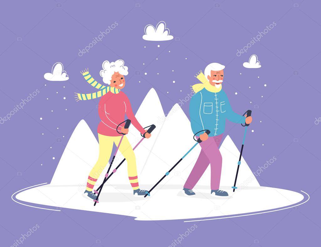 Senior activities concept. Old people walking in the mountains on the fresh air with happy faces. Sporty lifestyle in a retirement for pensioners. Vector illustration, flat cartoon style. Character