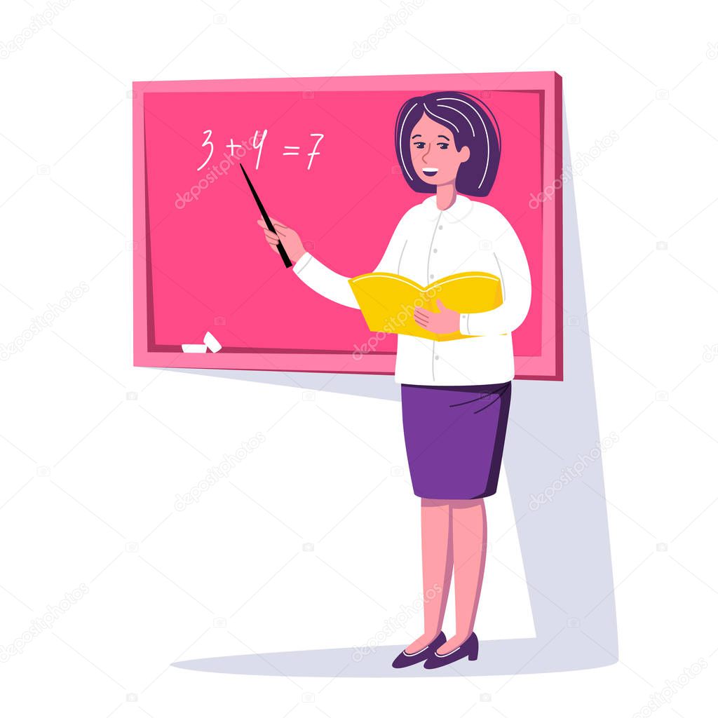 Teacher standing near the blackboard and leading the lesson in classroom. Tutor in the school. Character design. Education concept. Vector illustration cartoon flat trendy style.