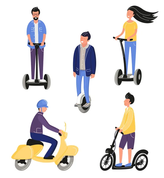 Des gens souriants heureux utilisant des scooters électriques ou monocycle. Les jeunes hommes qui utilisent les transports éco-urbains pour voyager. Roue mono. Loisirs actifs. Illustration vectorielle dessin animé plat style funky. Moto — Image vectorielle