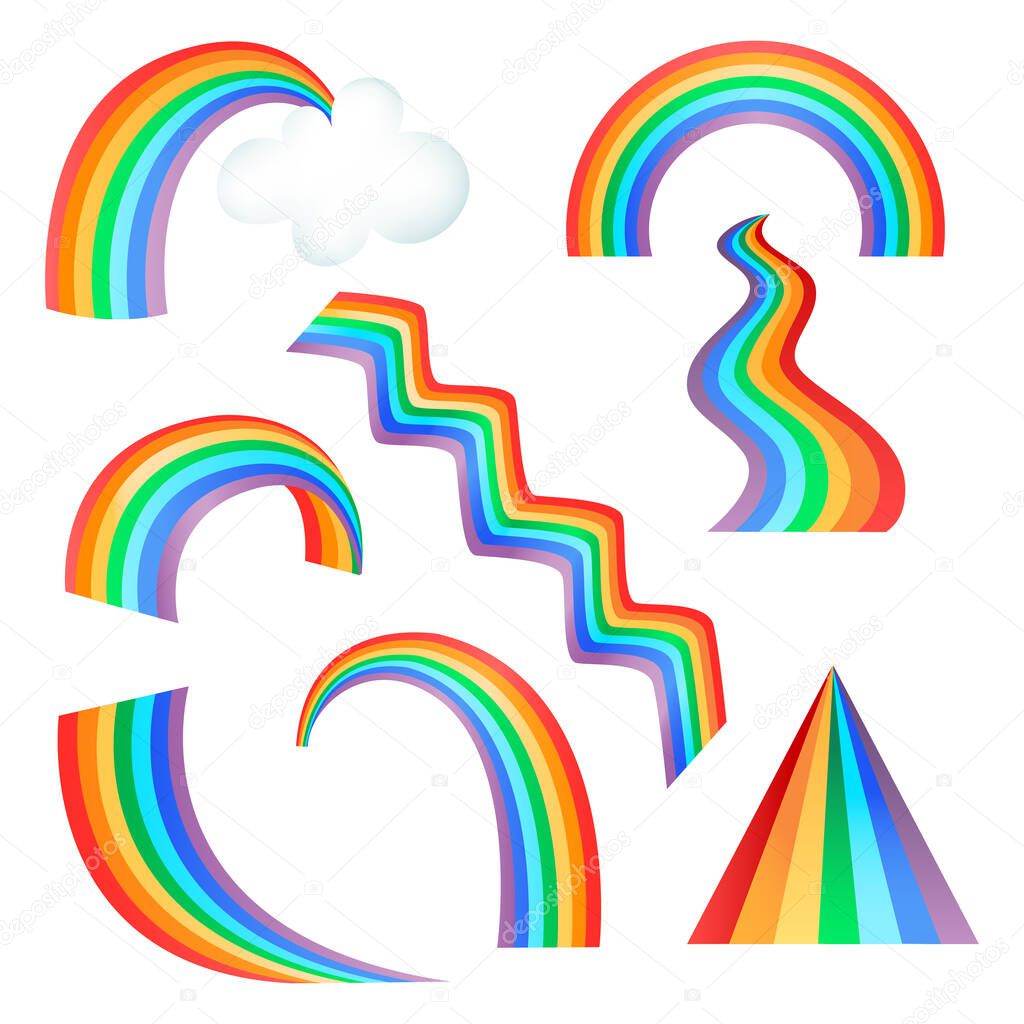Rainbows with different shapes. Colorful Stairs and slide, arch and road. Vector cartoon illustration.