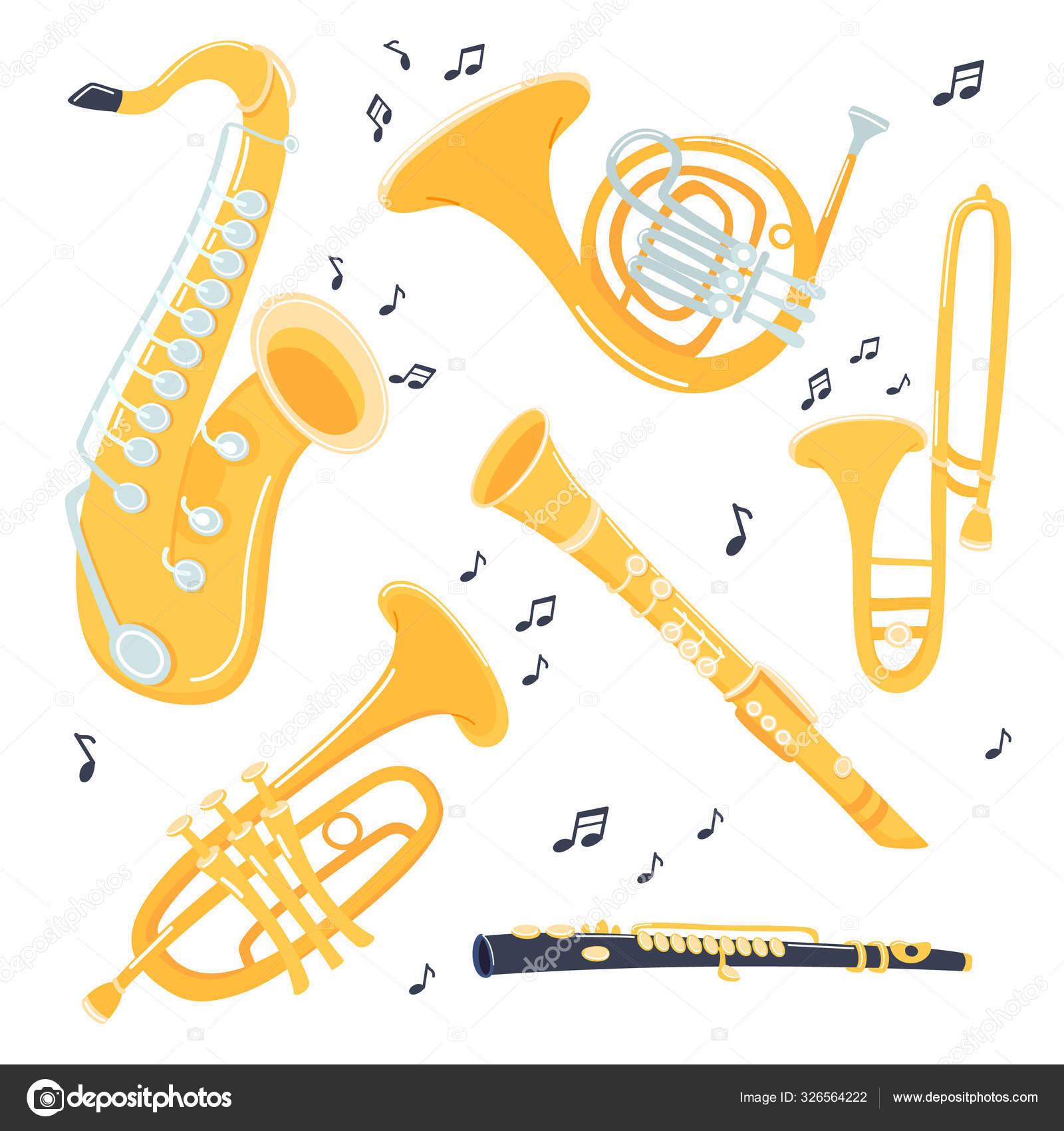 Musical brass Instruments collection. Jazz gold objects. Trumpet and  saxophone, trombone and flute, clarinet and French horn. Vector cartoon  illustration. Stock Vector by ©Nesele 326564222