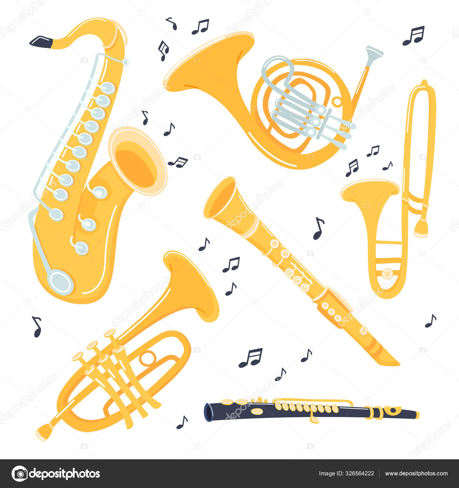 Musical brass Instruments collection. Jazz gold objects. Trumpet and saxophone, trombone and flute, clarinet and French horn. Vector cartoon illustration. Stock Vector Image by ©Nesele #326564222 Musical brass Instruments collection. Jazz gold objects. Trumpet and saxophone, trombone and flute, clarinet and French horn. Vector cartoon illustration. Stock Vector Image by ©Nesele #326564222