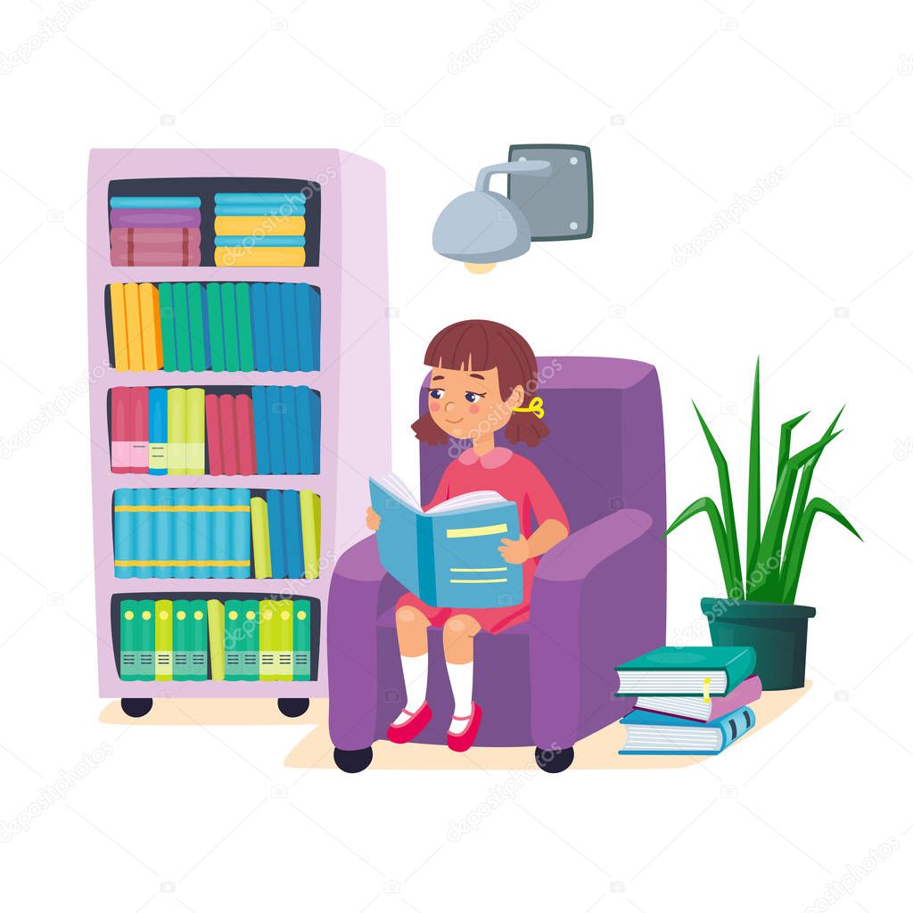 Little girl reading a book and sitting in armchair with bookshelf and lamp. Kids learning education concept. Childrens intellectual hobby. Smart clever child. Vector illustration, cartoon flat style.