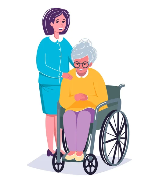 Oude lachende vrouw zit in de rolstoel en een verpleegster staat naast haar. Oudere zorgconcept. Gehandicapte gepensioneerde. Karakterontwerp. Vector cartoon platte illustratie. — Stockvector