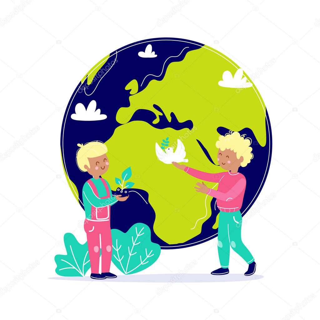 Kids take care about Earth. Children protect planet. Ecology environment attention concept with child globe. Vector illustration flat cartoon style.