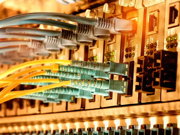 Fiber Optic cables connected to an optic ports and Network cables connected to ethernet ports