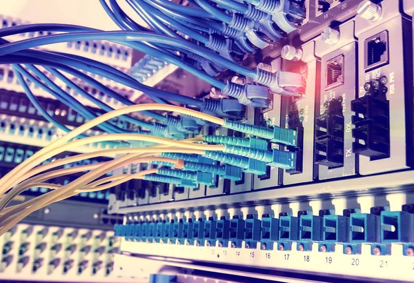 Cables de fibra óptica conectados a puertos ópticos y cable de red —  Fotos de Stock