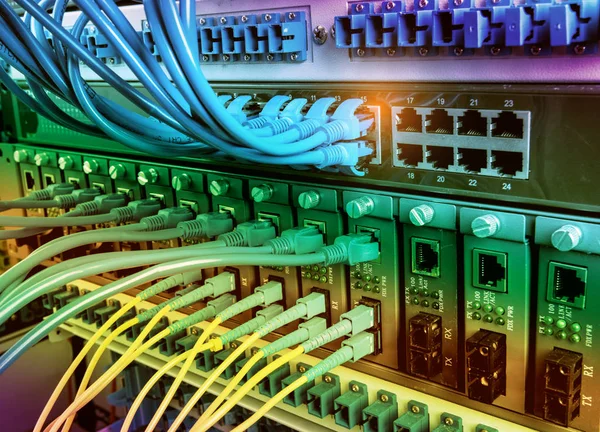 Fiber optik kabloların bağlı bir optik bağlantı noktaları ve ağ kablosu — Stok fotoğraf