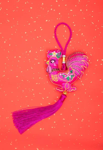 Tradition Chinese knot: Cloth doll Rooster,Chinese calligraphy T — Stock Photo, Image
