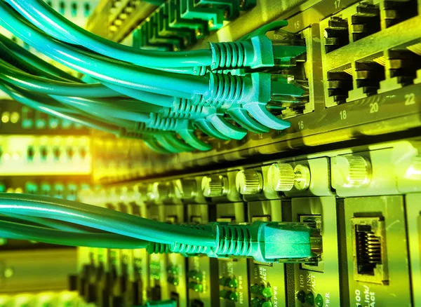 Cabos de rede conectados em switches de rede — Fotografia de Stock