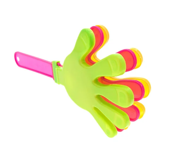 Noisy toy-rattle in the form of palm with pink handles — Stock Photo, Image