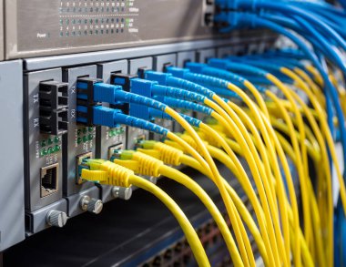 Fiber Optik kablolar optik portlara ve UTP 'ye bağlandı, ethernet portlarına bağlı ağ kabloları.