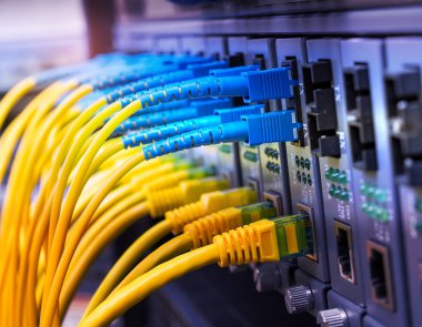 Fiber Optik kablolar ethernet portlarına bağlı optik portlara ve ağ kablolarına bağlı