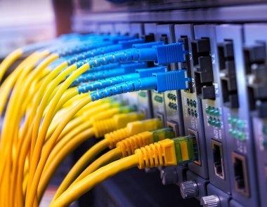 Fiber Optik kablolar ethernet portlarına bağlı optik portlara ve ağ kablolarına bağlı