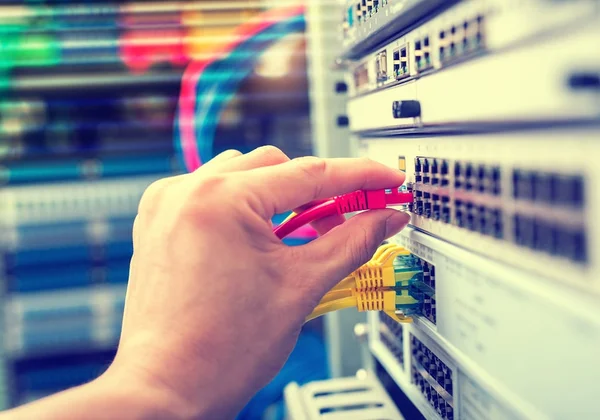 Beheerder Die Netwerkkabels Servers Heeft Aangesloten — Stockfoto