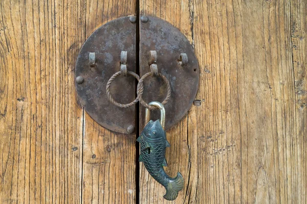 Stare Chińskie Drzwi Zamka Postaci Ryb — Zdjęcie stockowe