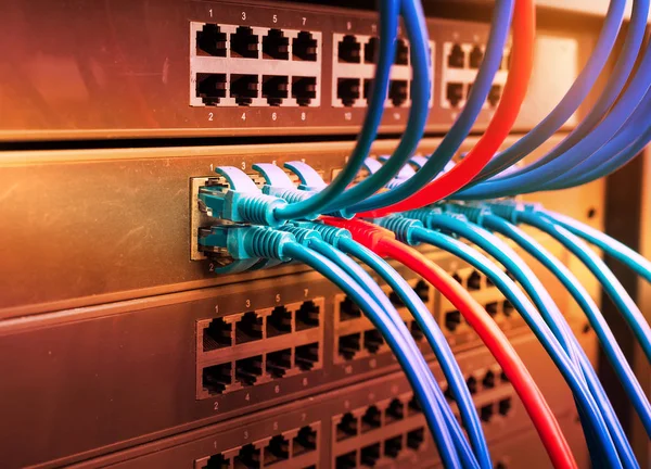 Server rack with internet patch cord cables connected to patch panel in server room