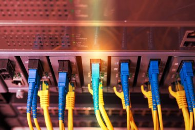 Fiber Optik kablolar optik portlara ve UTP 'ye bağlandı, ethernet portlarına bağlı ağ kabloları.