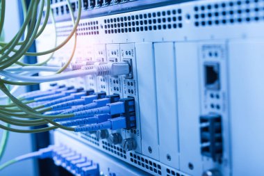 Optik portlara ve Utp 'a bağlı fiber kablolar, ethernet portlarına bağlı ağ kabloları.