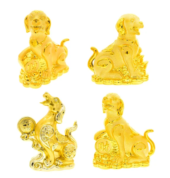 Golden Dog Statue Collection White Calligraphy Good Fortune New Year — Stock Photo, Image