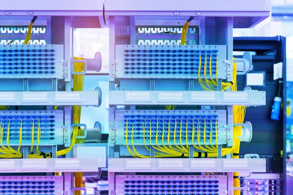 Fiber Optic Telecommunication Equipment Patchcords Network Infrastructure — Stock Photo, Image
