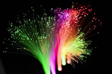 Çok hızlı internet iletişimi için fiber optik ağ kablosu, bilgiyi yüksek hızda hareket ettiren ince ışık iplikleri.
