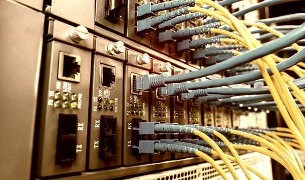 Fiber Optic Cables Connected Optic Ports Network Cables Connected Ethernet — Stock Photo, Image