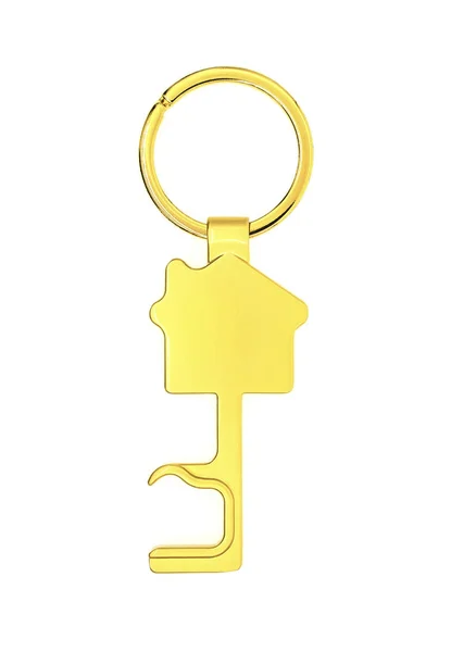 Porte-clés doré avec symbole de la maison et clés sur fond blanc , — Photo