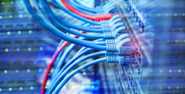 Cables de red en switch y firewall en cloud computing data ce —  Fotos de Stock