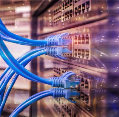 Mavi ve kırmızı internet yama kablosu bağlı sunucu rafı