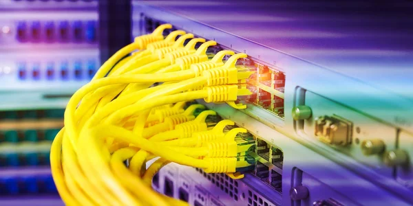 Amarillo Cable de red en switch y firewall en cloud computing d — Foto de Stock