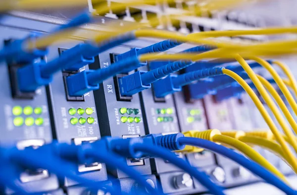 Fiber network cable connecting on network core switch close up — Stock Photo, Image