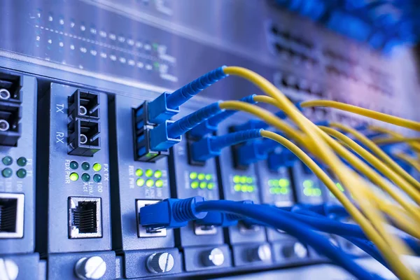 Cabo de rede de fibra conectando no interruptor do núcleo de rede de perto — Fotografia de Stock