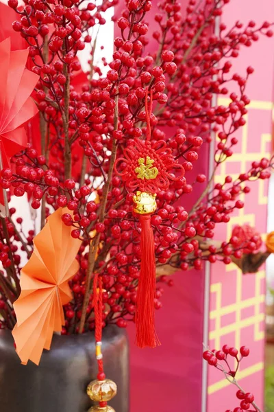 中国の新年の挨拶のための花にぶら下がっラッキー結び目 中国の文字は新年のための良い祝福を意味します — ストック写真