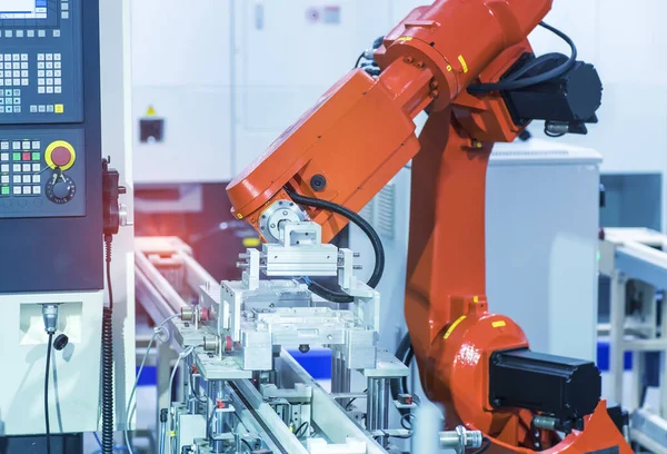 Brazo Robot Está Trabajando Inteligentemente Departamento Producción Fábrica Inteligencia Artificial — Foto de Stock