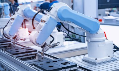 Elektronik montaj hattı için robot kolu. Akıllı teknoloji üretim sürecinin robotu.