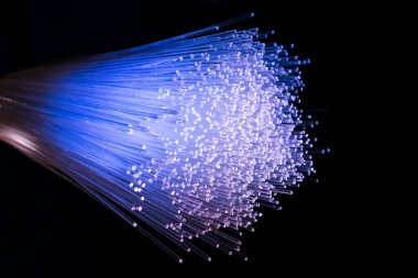 Çok hızlı internet iletişimi için fiber optik ağ kablosu, bilgiyi yüksek hızda hareket ettiren ince ışık iplikleri.